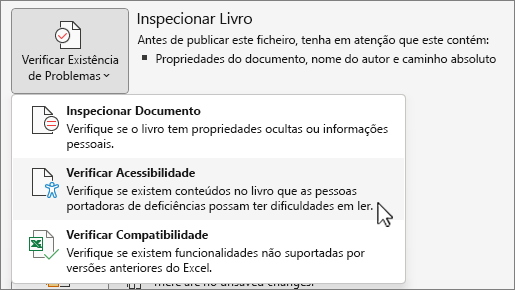 Verificar se existem problemas & verificar o item de menu de acessibilidade