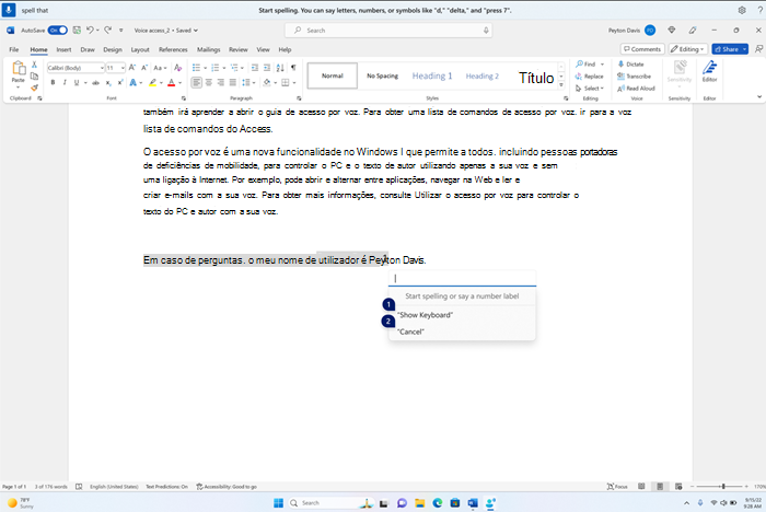 A janela ortográfica está a flutuar sobre a aplicação Word, com uma caixa de texto vazia e opções para mostrar o teclado ou cancelar com etiquetas numéidas.