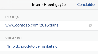 Comando Ligação a mostrar o endereço URL e o texto a apresentar