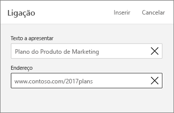 Comando Ligação a mostrar o texto a apresentar e o endereço