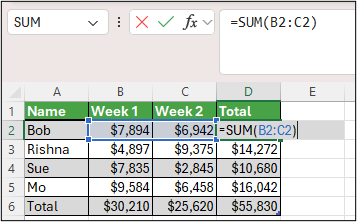 Captura de ecrã do Excel a mostrar a célula D2 com a fórmula de Soma Automática horizontal =SOMA(B2:C2).