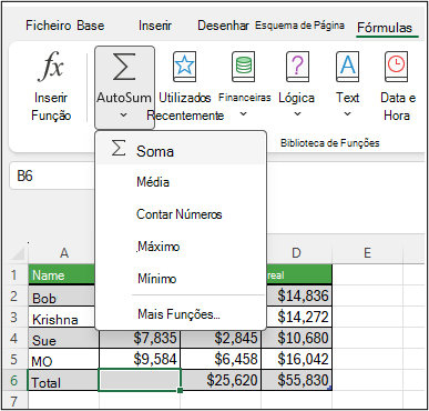 Captura de ecrã do menu Soma Automática no separador Fórmula com as opções Soma, Média, Contagem, Máximo e Mínimo.