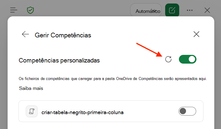 Captura de ecrã da caixa de diálogo do Copilot no Excel Competências personalizadas com o botão Atualizar realçado.