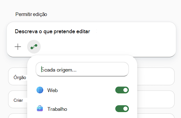 Captura de ecrã do campo de pedido do Copilot no Excel com o menu Selecionar origens aberto.