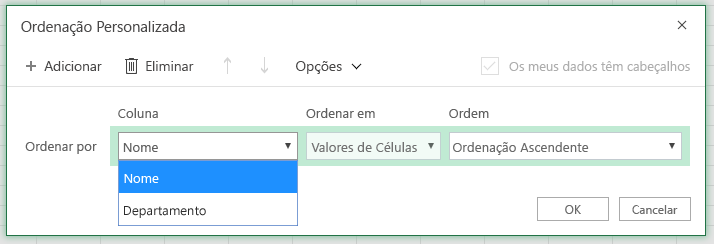 A caixa de diálogo De ordenação personalizada com a coluna ordenar por linha está selecionada na coluna Nome