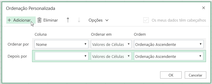 Depois de clicar em Adicionar outro nível de ordenação aparecerá na lista perto de Then By