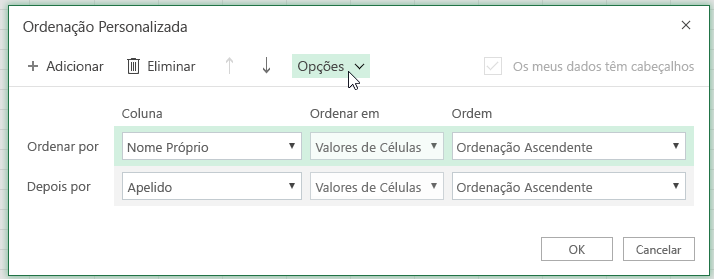 Caixa de diálogo de ordenação personalizada com o botão de opção selecionado
