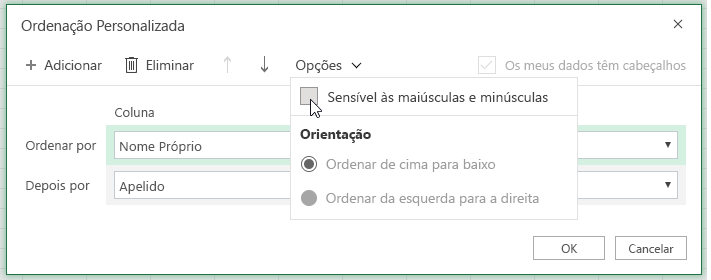 Caixa de diálogo de ordenação personalizada quando a ordenação por maiúsculas e minúsculas estiver selecionada