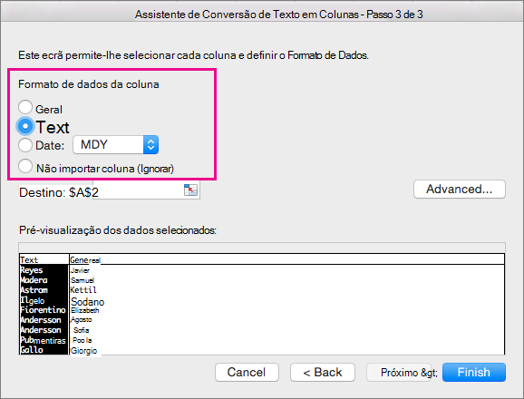 Passo 3 do assistente, opção Texto selecionada