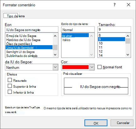 Caixa de diálogo Formatar Comentário, onde pode escolher tipo de letra, estilo, tamanho, cor, etc.