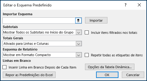 Opções Predefinidas da Tabela Dinâmica
