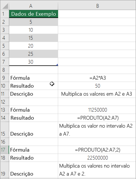 Multiplicar números com a função PRODUTO