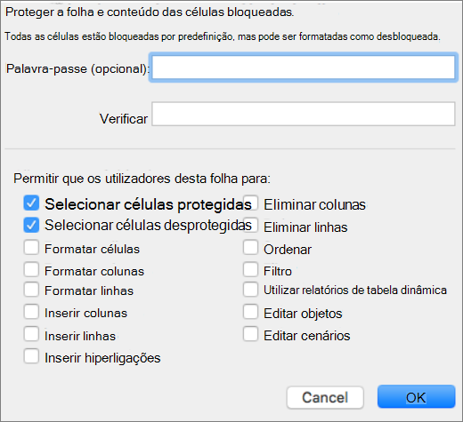 Captura de ecrã que mostra os elementos disponíveis para proteção numa folha.
