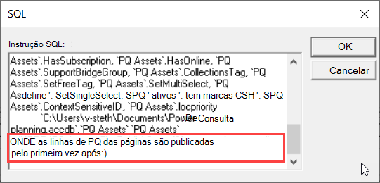 Vista SQL do MS Query realçando a cláusula WHERE