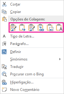Grupo de botões de cinco opções para colar gráficos do Excel no Word