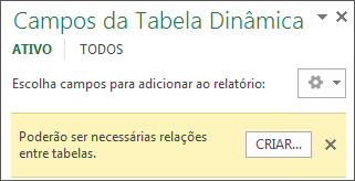 O botão Criar aparece quando é necessária uma relação