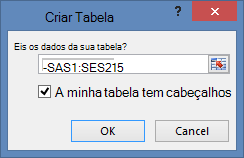 A janela Criar Tabela