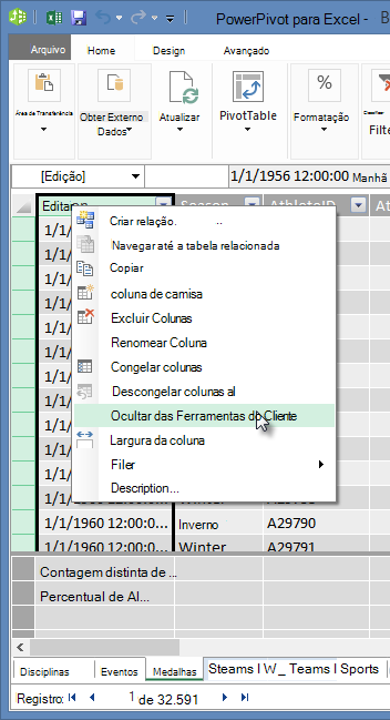 Clique com o botão direito para ocultar campos de tabelas nas Ferramentas de Clientes do Excel