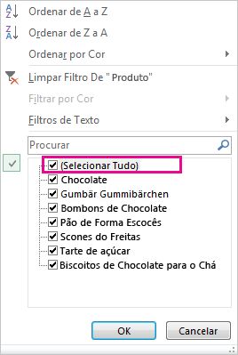 Caixa Selecionar Tudo na galeria de Ordenar e Filtrar