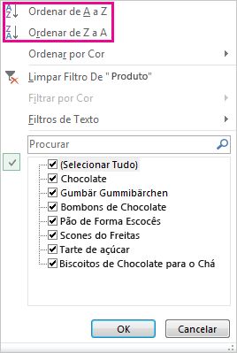 Ordenar comandos na galeria de Ordenar e Filtrar