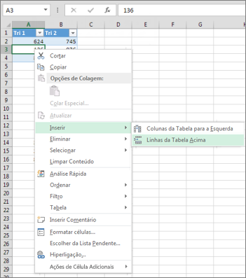 Inserir Linhas de Tabela Acima