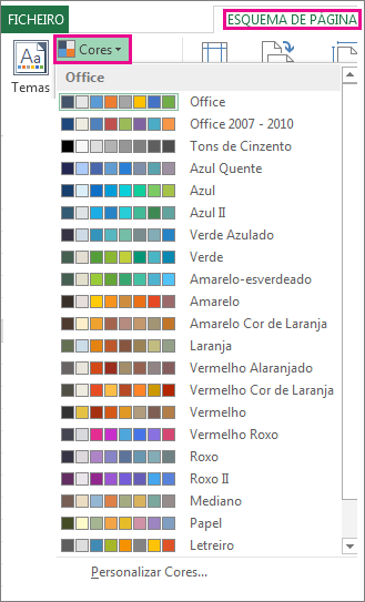 Galeria de Cores do Tema aberta através do botão Cores no separador Esquema de Página