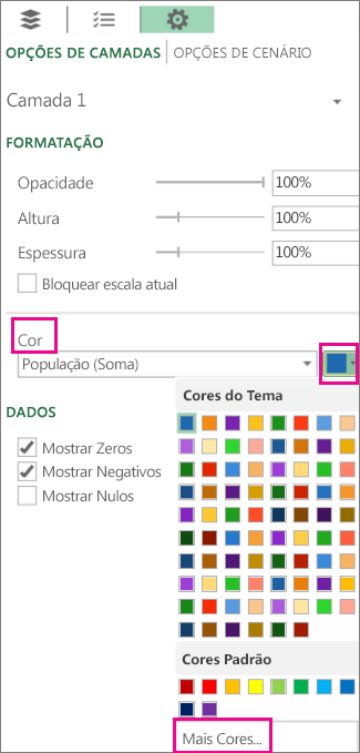 Nas Definições, diminui a cor no separador Opções da Camada