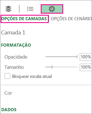 Ícone de definições no separador Opções de Camada