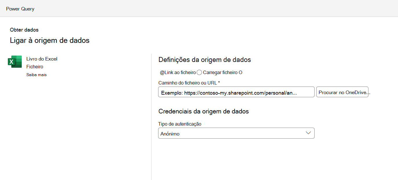 O menu de definições de ligação da origem de dados,