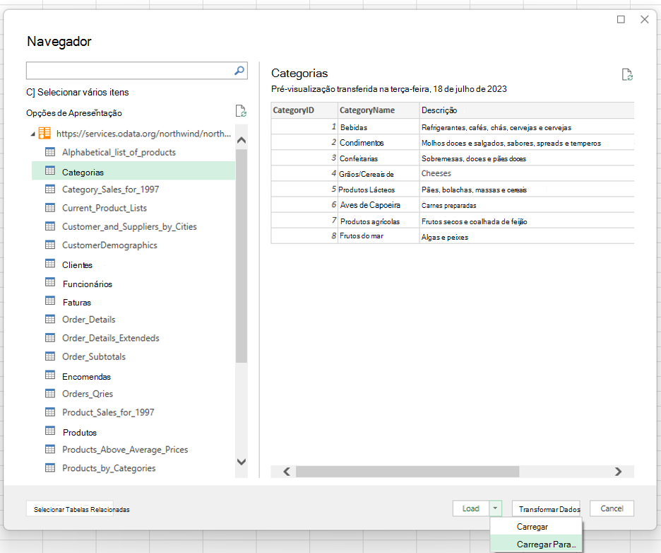 Configure uma ligação Power Query para Python no Excel. Selecione a tabela Categorias em OData.