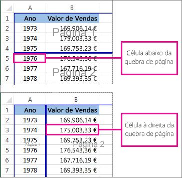 Célula abaixo ou à direita da quebra de página manual
