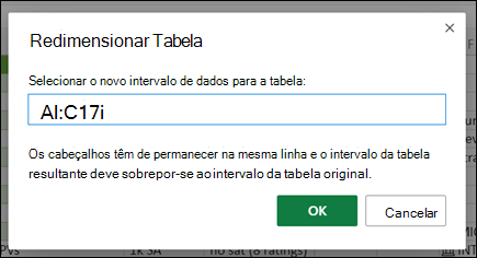 Caixa de diálogo Redimensionar Tabela