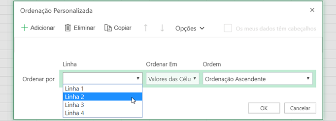 O menu pendente da linha na caixa de diálogo da ordenação personalizada está aberto ao selecionar 