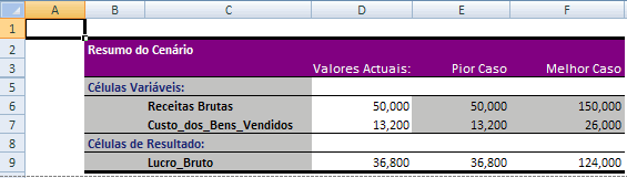 Relatório Sumário do Cenário do Excel