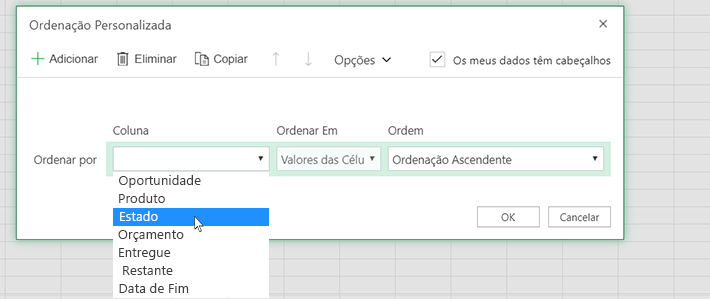 Selecionar uma coluna na caixa de diálogo de ordenação personalizada