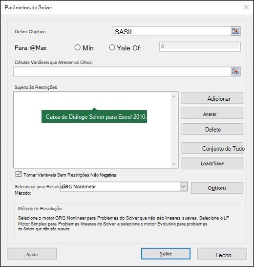 Imagem da caixa de diálogo do Excel 2010 + Solver