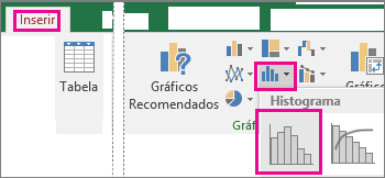 Comando de histograma acedido a partir do botão Inserir Gráfico de Estatística