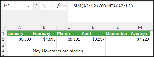 Captura de ecrã do Excel a mostrar =SOMA(A2:L2)/CONTAR.VAL(A2:L2) na célula M2 para valores mensais médios, com May-November oculta.