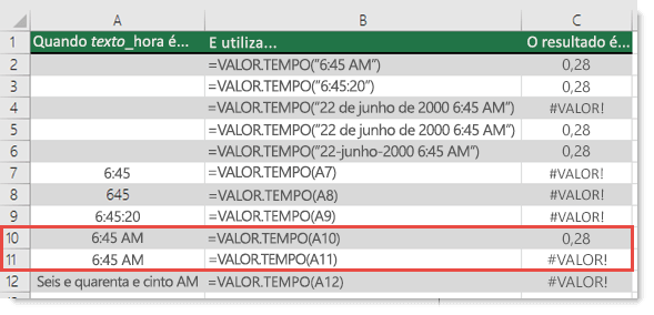Resultado de várias funções VALOR.TEMPO