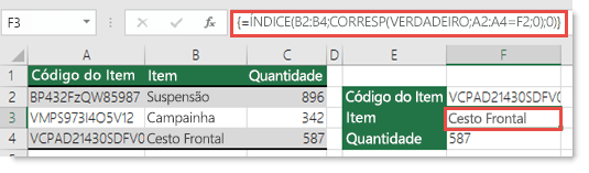 Se estiver a utilizar ÍNDICE/CORRESP quando tiver um valor de pesquisa superior a 255 carateres, terá de ser introduzido como uma fórmula de Matriz. A fórmula na célula F3 é =ÍNDICE(B2:B4;CORRESP(VERDADEIRO;A2:A4=F2;0),0) e é introduzida premindo Ctrl+Shift+Enter