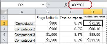 Exemplo de fórmula para calcular uma percentagem