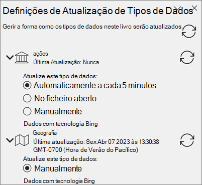 O painel Atualizar Definições para tipos de dados.