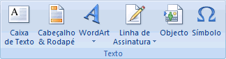 Captura de ecrã que mostra o grupo Texto no separador Inserir.