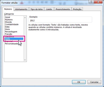 Guardar como Texto na caixa de diálogo Formatar Células