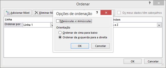 Na caixa de diálogo Opções de Ordenação, clique em Ordenar da Esquerda para a Direita