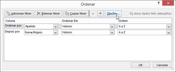 Clique em Ordenar para abrir a caixa de diálogo Ordenar