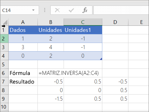 Exemplo 2 - MATRIZ.INVERSA