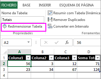 utilizando a opção de redimensionamento de tabela das Ferramentas de Tabela