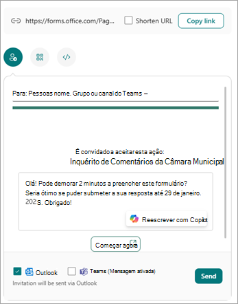 Pode enviar o seu formulário de várias formas a partir do ecrã de envio e recolha de respostas.