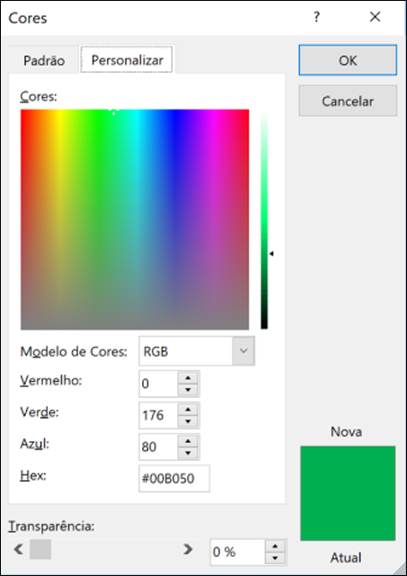 Seletor de cores nas aplicações do Office. Nos campos RGB, existe um novo campo para inserir o valor de cor hexadecimal.
